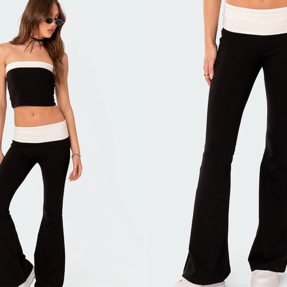 Edikted Black White Contrast Fold Over Low Rise Flare Leggings XL - Picture 3 of 8